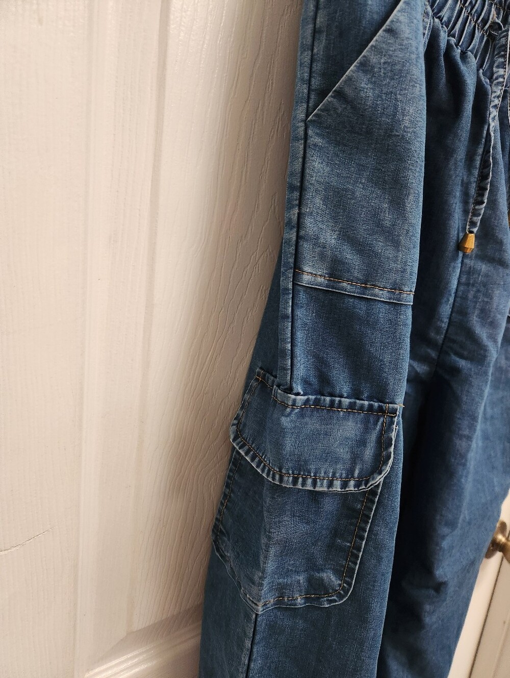 Denim Strapless Jumpsuit with Cargo Pockets - Blue - Picture 3 of 12